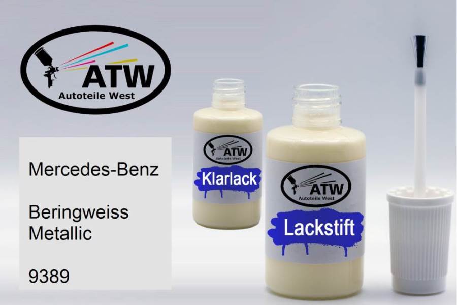 Mercedes-Benz, Beringweiss Metallic, 9389: 20ml Lackstift + 20ml Klarlack - Set, von ATW Autoteile West.